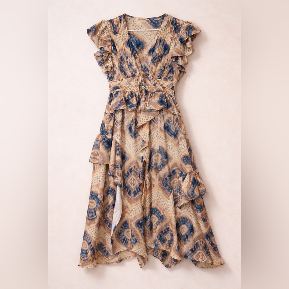 Ulla Johnson Blue and Cream Floral Ruffle Midi Dress - Picture 3 of 16